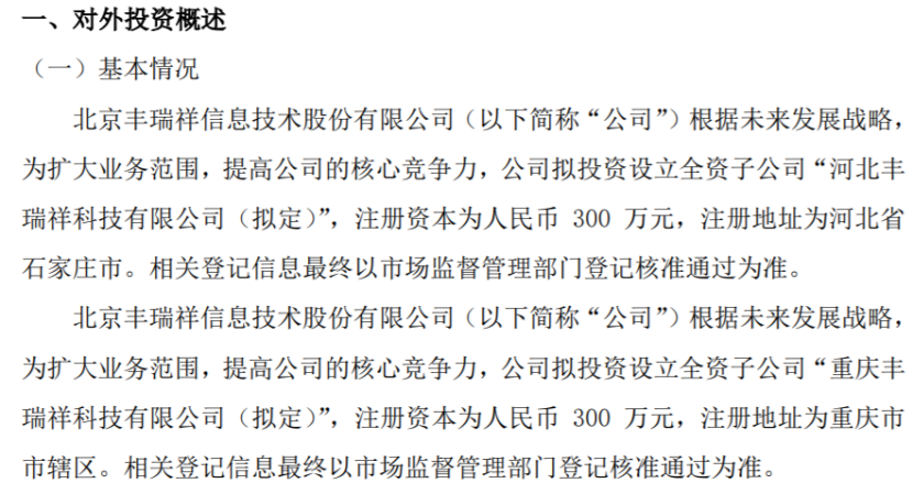 丰瑞祥拟分别投资300万设立2家全资子公司河北丰瑞祥、重庆(图1) 丰瑞祥拟分别投资300万设立2家全资子公司河北丰瑞祥、重庆(图1)