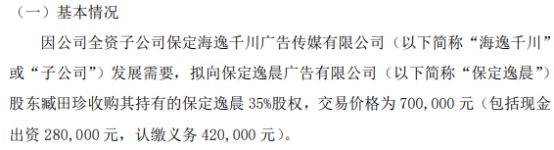 海逸风全资子公司海逸千川拟以70万向保定逸晨股东臧田珍收购其持有的保定逸晨35%股权(图1) 海逸风全资子公司海逸千川拟以70万向保定逸晨股东臧田珍收购其持有的保定逸晨35%股权(图1)