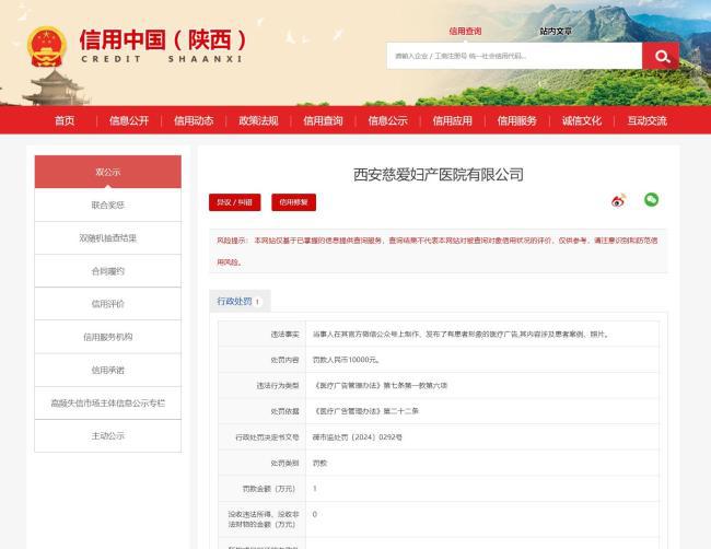 违反《医疗广告管理办法》西安慈爱妇产医院被罚1万(图1)